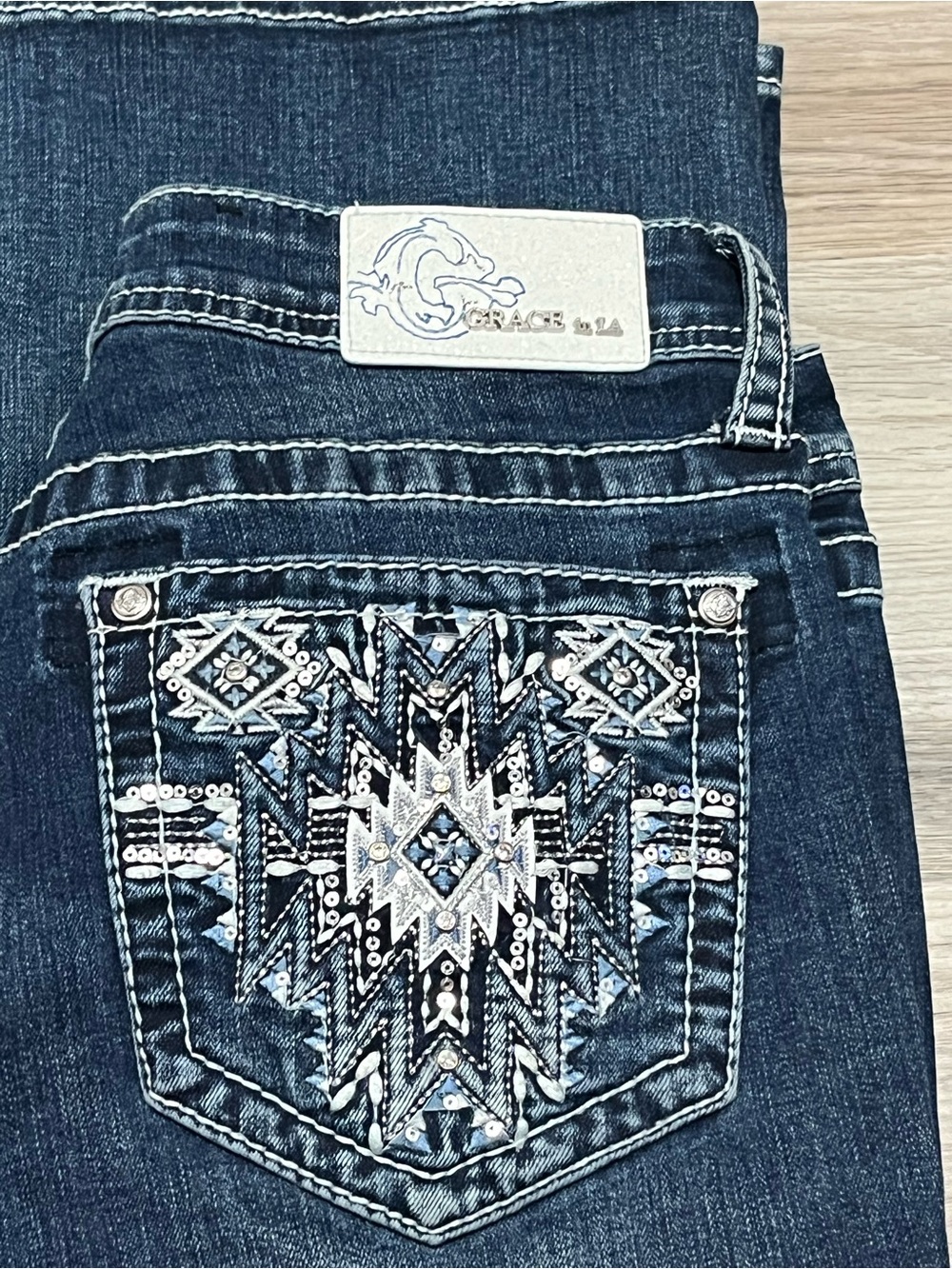 Grace in LA Dark Blue Sz 30 Bootcut Jeans with Embroidered Pocket Detail 32x32 - Picture 13 of 16